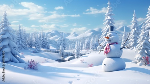 Craft a scene featuring a snowman surrounded by a snowy landscape on a white background, generative ai © Nia™