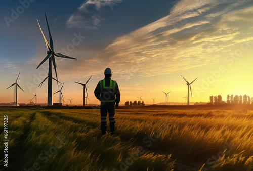 Engineer in front of wind turbines at sunset