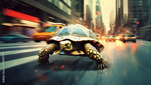 Turtle running extremely fast on busy city street, Illustration