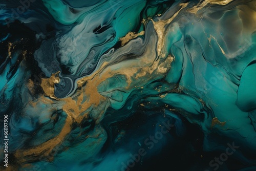 Stunning swirling liquid in mesmerizing teal and blue hues elegantly blended with golden powder. Captivating contemporary banner design. Generative AI