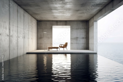 Abstract minimalistic concrete interior of a house surrounded by water. Generative AI