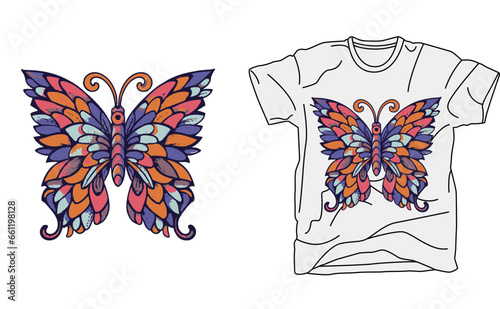 Stylish t-shirt and apparel trendy design with butterfly, print on demand, vector illustration. Global swatches.