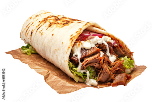 Delicious doner kebab wrap png with meat and lettuce, tomato, onions, isolated on transparent background, sauce, hd
