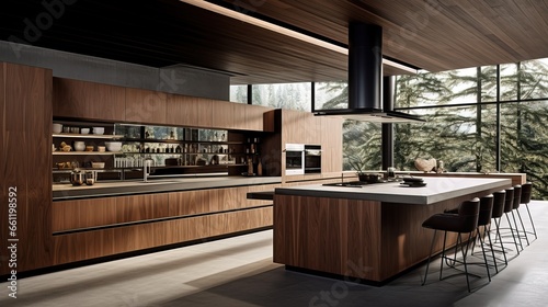 Luxury Empty Wooden Kitchen with a Wooden Table. Marble Floor, Kitchen Counter. Professional Kitchen Arrangement. © Boss