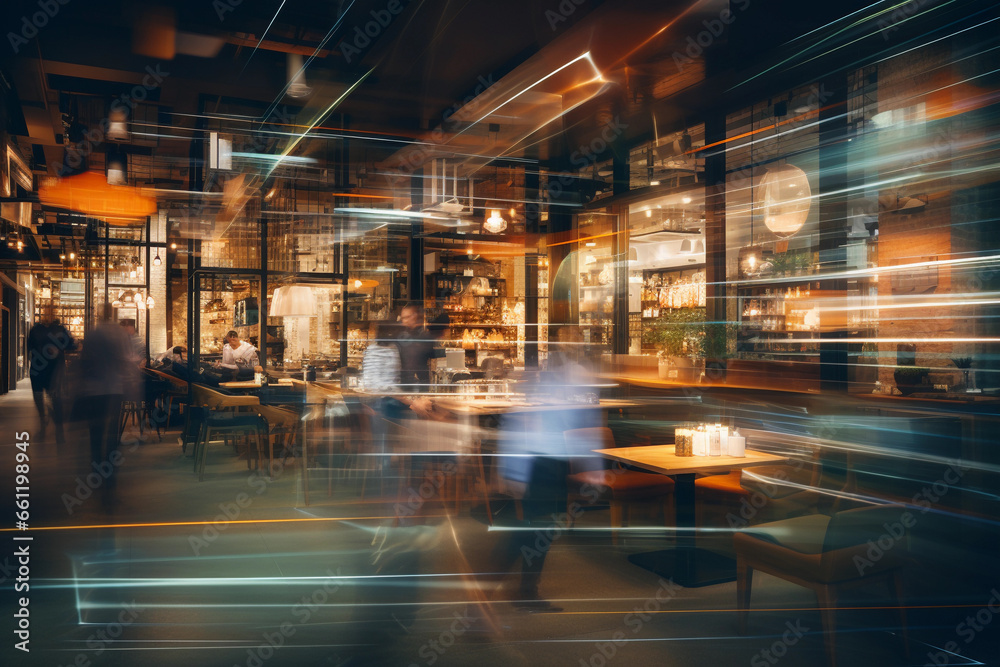 Interior of a coworking space in the evening with people blurred in motion and trails of light