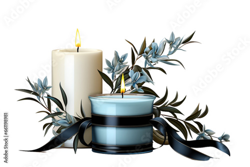 AI Generated white and a light blue candle, dark blue/black ribbon, light blue flowers, mourning