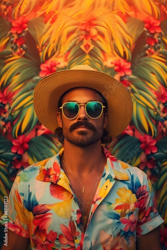 Funny Male Model wearing a Colorful Tropical Tourist Outfit. Simple Hat with Sunglasses and a Colorful Shirt over a Simple Background.