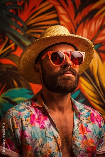 Funny Male Model wearing a Colorful Tropical Tourist Outfit. Simple Hat with Sunglasses and a Colorful Shirt over a Simple Background.