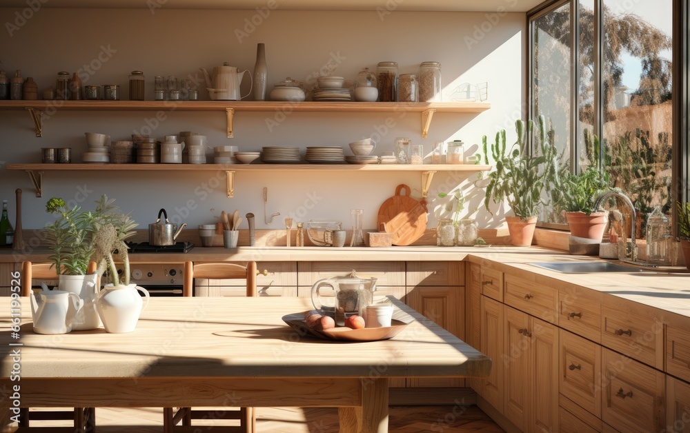 Bright sunlight Modern Style kitchen with wooden furniture