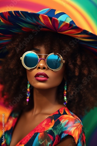 Funny Black Female Model wearing a Colorful Tropical Tourist Outfit. Simple Hat with Sunglasses and a Colorful Shirt over a Simple Background.  