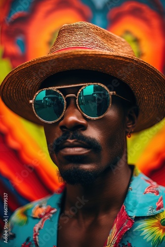 Funny Black Model wearing a Colorful Tropical Tourist Outfit. Simple Hat with Sunglasses and a Colorful Shirt over a Simple Background.