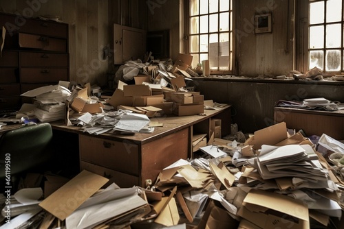 Messy office cluttered with paper files and cardboard boxes. Generative AI
