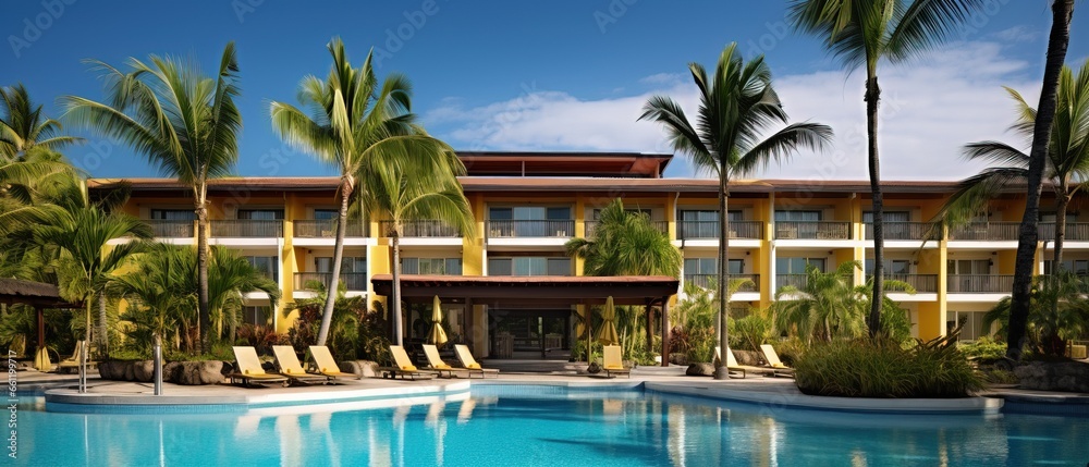 Amazing Tropical Hotel seen from Outside. Exterior Design of a Exotic 5 Star Resort with Pool and Palms. Summer Vacation Idea.