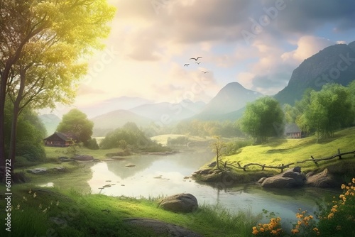 A beautiful and tranquil scene of a serene and enchanting landscape. Generative AI