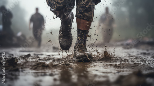 Close-up legs of military man running on wet muddy battlefield ground. Waterproof hiking shoes, military boots for all weathers. photo