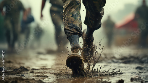 Close-up legs of military man running on wet muddy battlefield ground. Waterproof hiking shoes, military boots for all weathers.