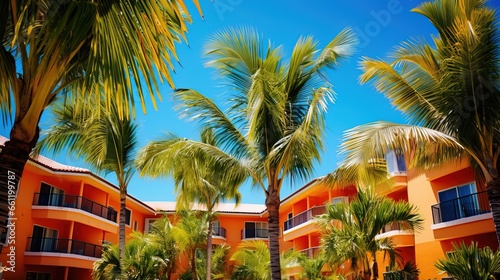 Amazing Tropical Hotel seen from Outside. Exterior Design of a Exotic 5 Star Resort with Pool and Palms. Summer Vacation Idea. © Boss