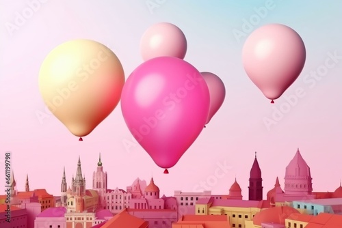 Colorful balloons over city on pink background. Generative AI
