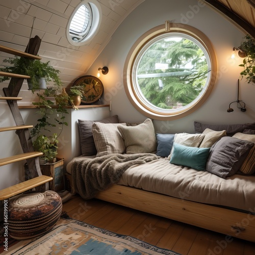 Cozy Interior Design of a Modern Childreen Room with a Porthole near the Bed with Colorful Blankets, Pillows and other Decorative Stuff. Contemporary Room. Innovative Bedroom Arrangement. photo