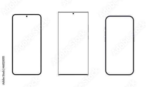 Set Of Modern Smartphones Mockups With Blank Screens Isolated On White Background. Vector Illustration