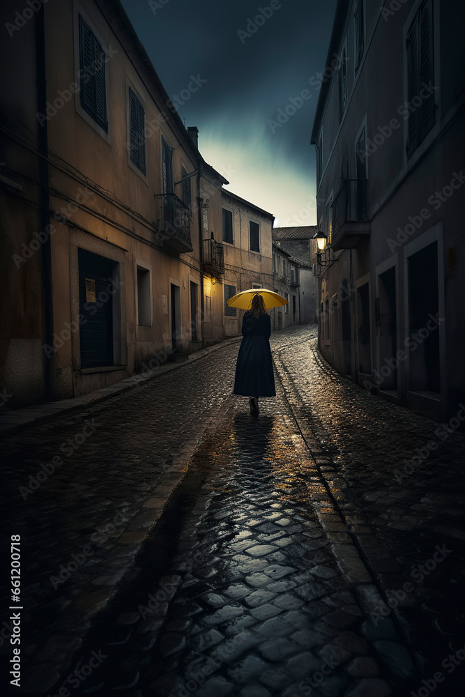 Rainy Evening Stroll: Woman with Yellow Umbrella Wandering Down Cobblestone Street in the Village, ai generative