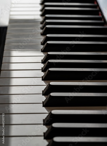 Classic grand piano keyboard background with selective focus. Side view of black and white piano keys of instrument musical tool, Space for text.