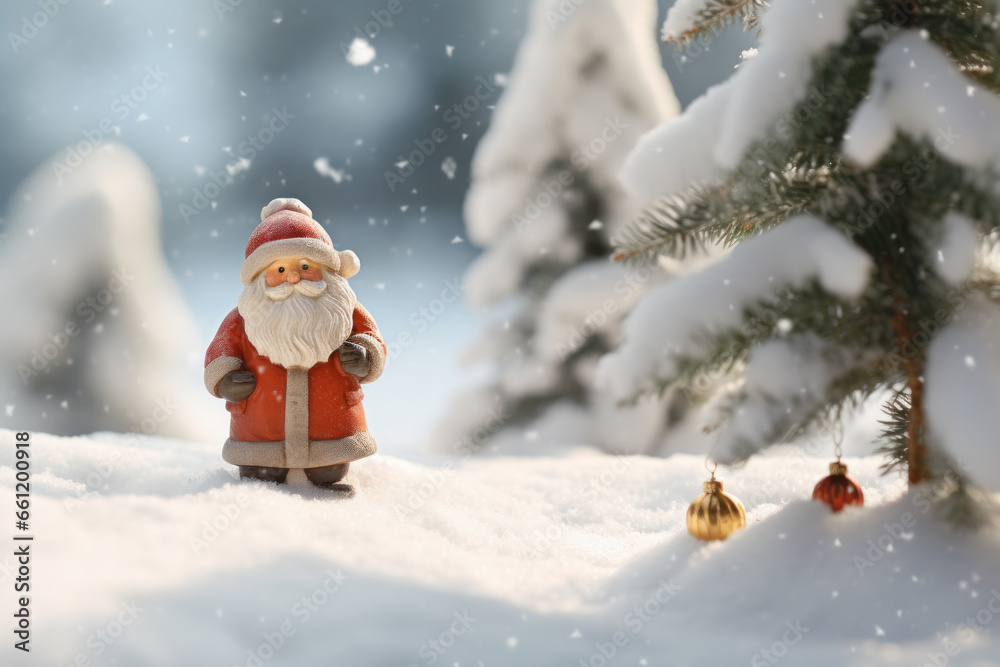 a plastic santa figure stands next to a tree a plastic santa figure stands next to a tree