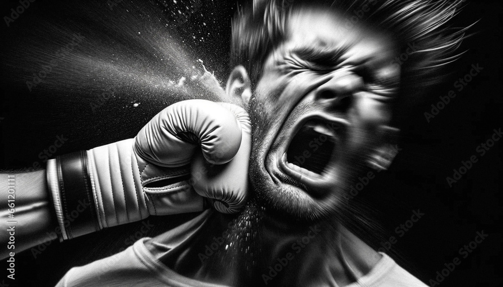 Black and White AI-Generated Boxing Knockout Photo - obrazy, fototapety, plakaty 