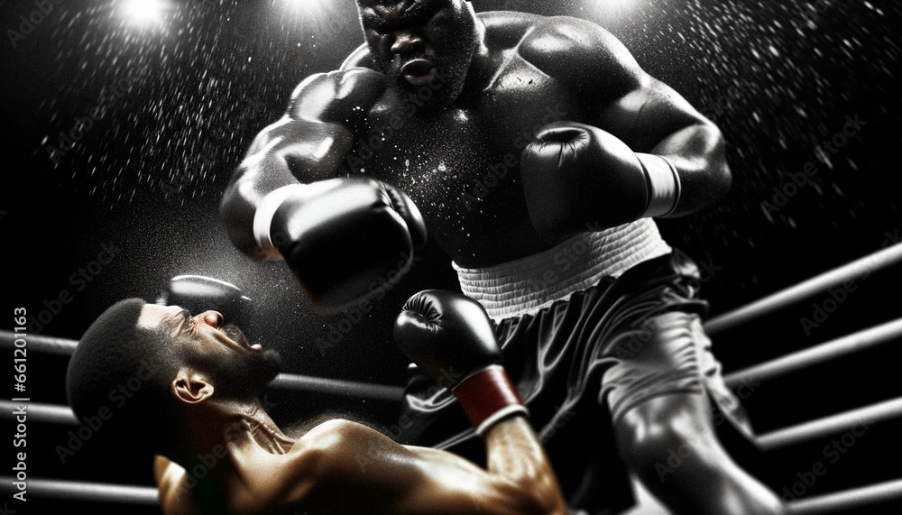 AI-Generated Boxing Knockout: Muscular Black Boxer Delivers a Crushing Blow - obrazy, fototapety, plakaty 