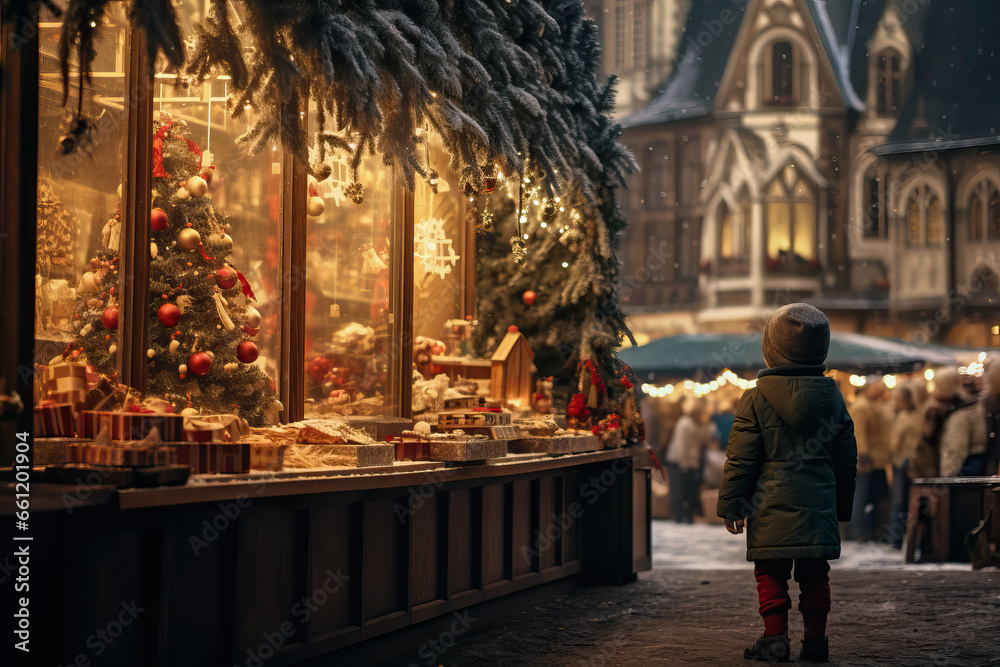 Small happy child looking at decoration in a shop Christmas Market and Enjoying of a charming holidays. Small happy child looking at decoration in a shop Christmas Market and Enjoying of a charming holidays.