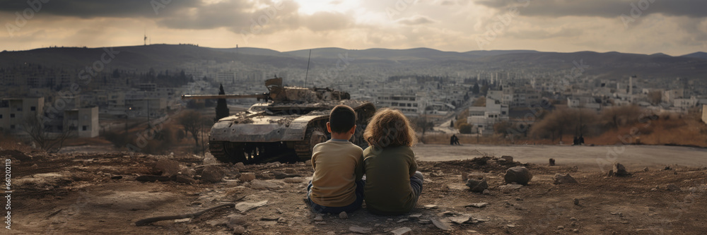 kids sitting in front of city burned destruction of an war invasion conflict, military tank fire and smoke of political world war against children innocence concept as banner with copyspace - obrazy, fototapety, plakaty 