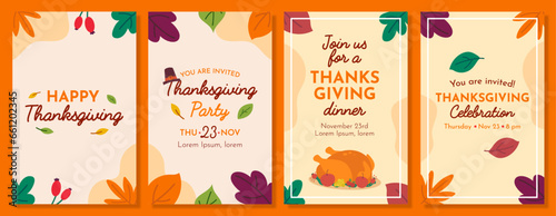 Thanksgiving banner, template, invitation collection. Traditional and colorful vector posters. 