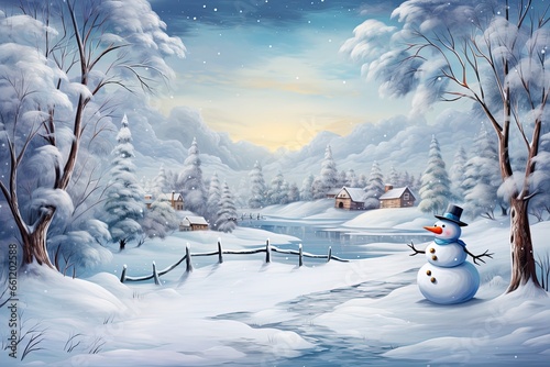 A snowman's journey through a winter landscape. light backgroud, genereative ai © Nia™