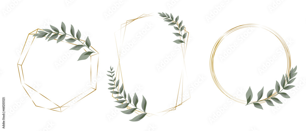 Vector set with gold frames and sprigs of green eucalyptus. Frames on white background for holiday design. . Vector illustration Vector set with gold frames and sprigs of green eucalyptus. Frames on white background for holiday design. . Vector illustration