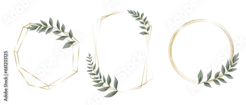 Vector set with gold frames and sprigs of green eucalyptus. Frames on white background for holiday design. . Vector illustration