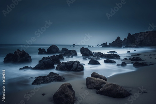 Cloudy beach shore with rocks generative AI