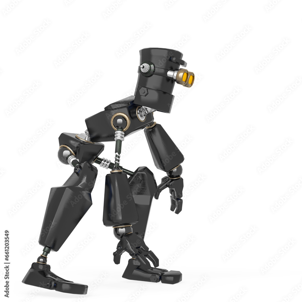 old fashion robot cartoon on crouch pose in side view