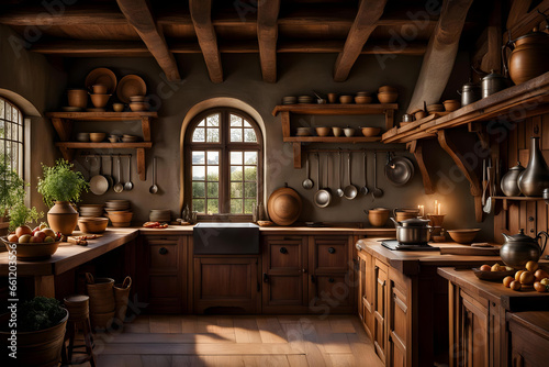 old rustic kitchen with old wooden furniture with vegetables on a table  herbs in pots and jars on shelves