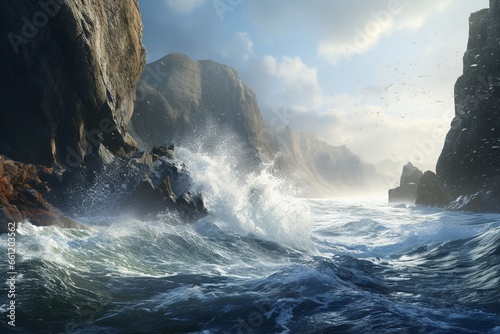 waves breaking on rocks, Generative AI photo
