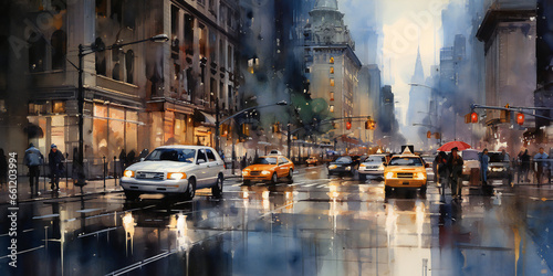 city street during rain watercolor