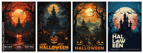 happy halloween. set of 4 retro style halloween poster, ghost, pumpkin, posters, flyer, card, vector
