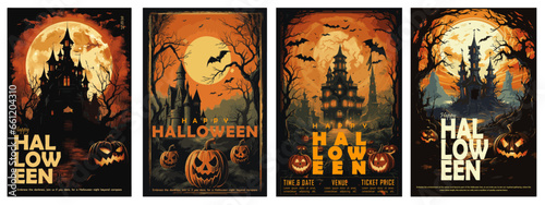 happy halloween. set of 4 retro style halloween poster, ghost, pumpkin, posters, flyer, card, vector