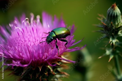 Purple thistle flower with beetle. A green beetle. Generative AI