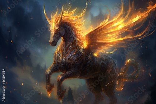 Majestic mythical creature spreading flames in the sky. Generative AI