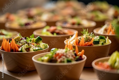 Food festival with vegetable salads in kraft paper plates sold at local market, offering catering service. Generative AI
