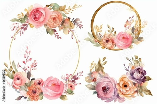 Watercolor bouquets of flowers in gold frames for Valentine's Day greetings, invitations, and design works. Generative AI