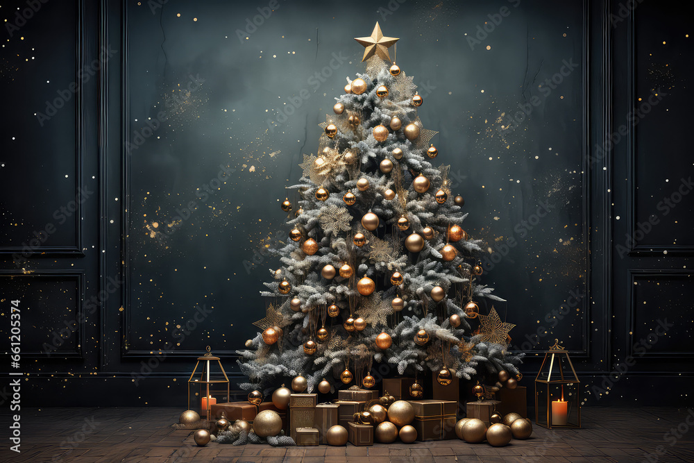 Luxurious Indoor Christmas Tree Decoration with Golden Ornaments and Glowing Lights. Dark elegant interior for festive holiday celebrations.