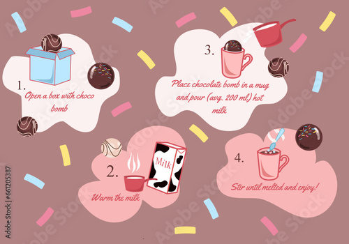 Chocolate bomb recipe hot chocolate. Infographic instruction cocoa bomb. 