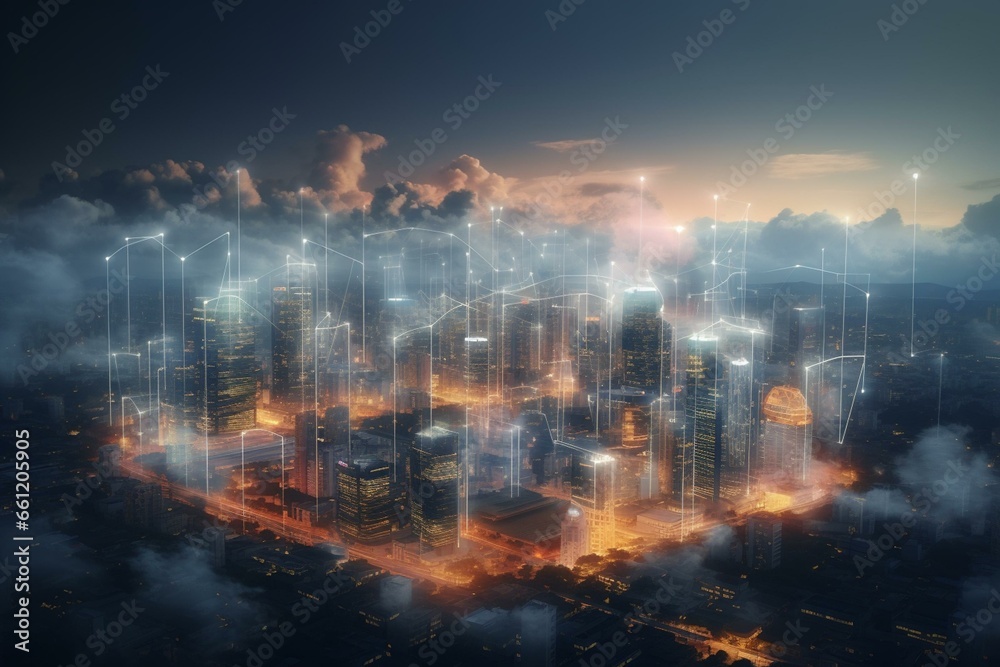 Futuristic cityscape with IoT, cloud computing, and holograms. Generative AI