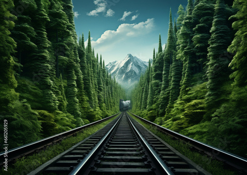 Railway traveling in perspective across forest © sana